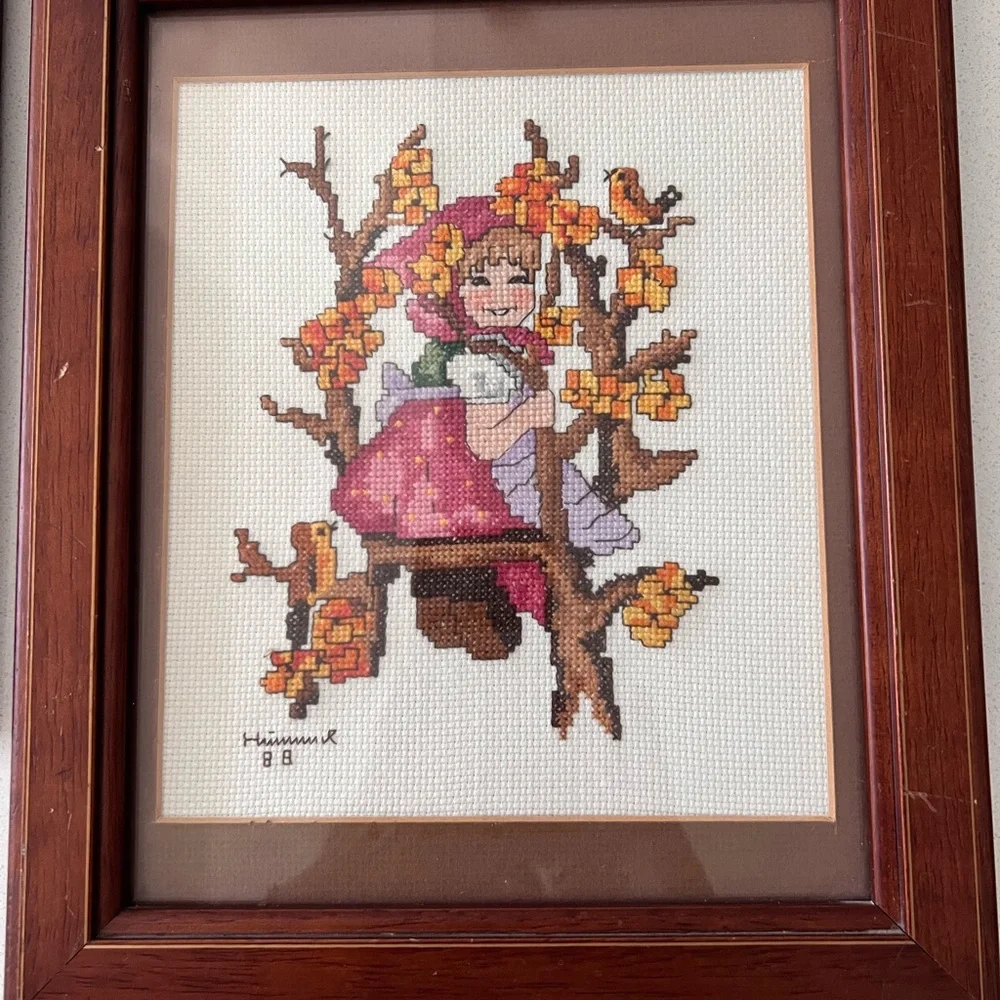 Vintage 1988 Framed‎ Hummel Cross Stitch Needlepoint Boy And Girl Set Of 2